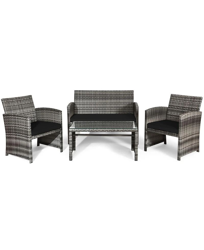 Gymax 8PCS Patio Outdoor Rattan Conversation Furniture Set w/ Black Cushion