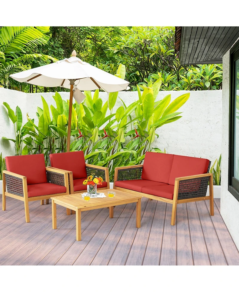 Gymax 8PCS Patio Acacia Wood Furniture Set Pe Rattan Conversation Set w/ Red Cushions