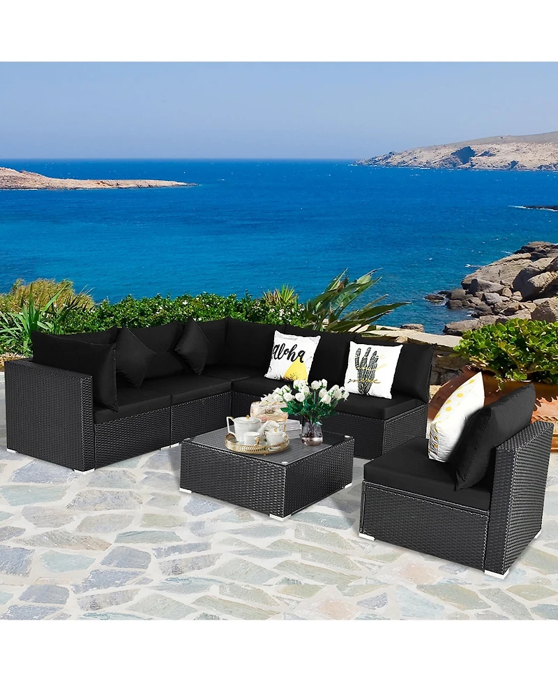 Gymax 7PCS Rattan Patio Conversation Set Sectional Furniture Set w/ Cushion