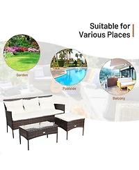 Gymax 3PCS Patio Rattan Sectional Conversation Furniture Set w/ Off White Cushions