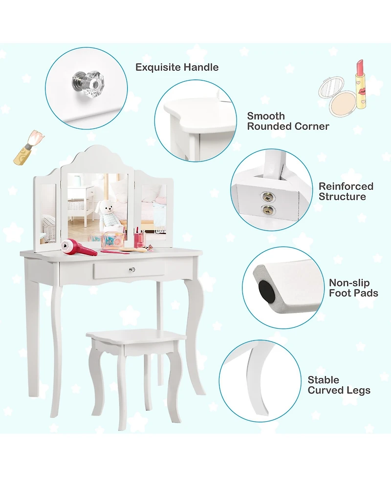 Costway Vanity Table Set Makeup Dressing Table Kids Stool Mirror