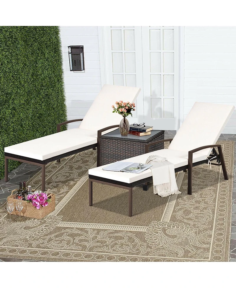 Costway 2PCS Patio Rattan Lounge Chair Chaise Recliner Back Adjustable Cushioned Garden