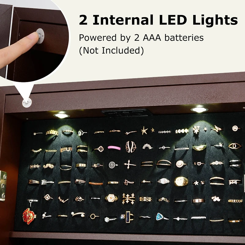 Costway Mirrored Jewelry Cabinet Organizer Storage Stand w/Led Lights