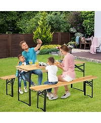 Costway 3 Pcs Beer Table Bench Set Folding Wooden Top Picnic Table Patio Garden