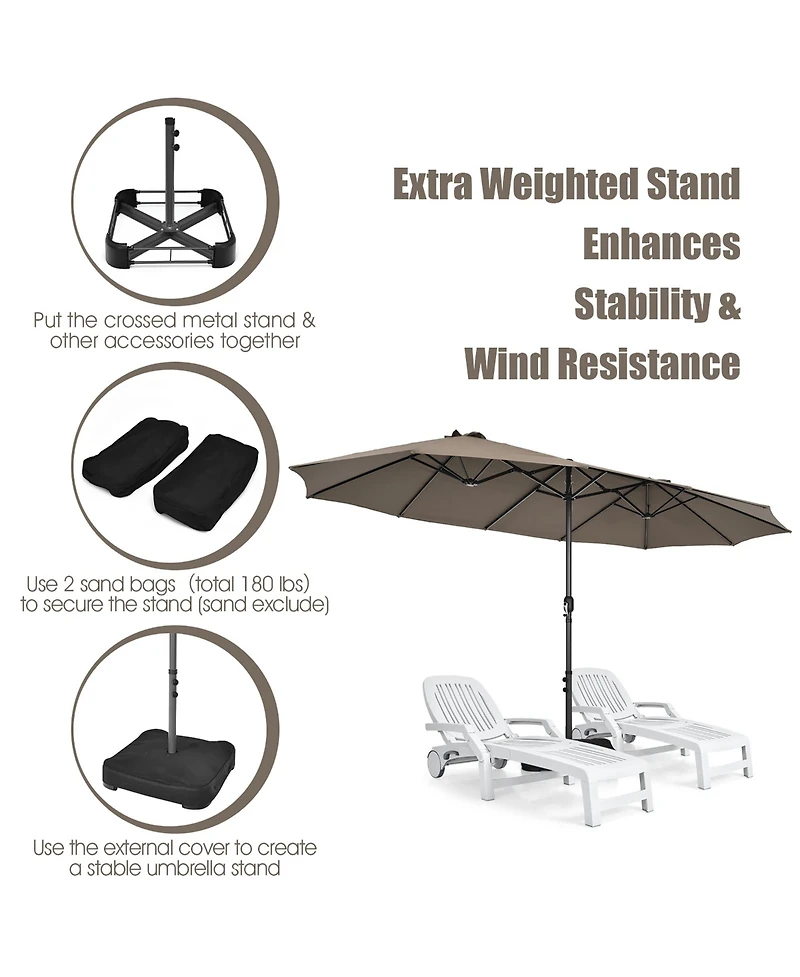 15FT Double-Sided Twin Patio Umbrella Sun Shade Outdoor Crank Market Base