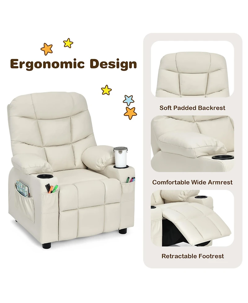 Kids Youth Recliner Chair Pu Leather w/Cup Holders & Side Pockets