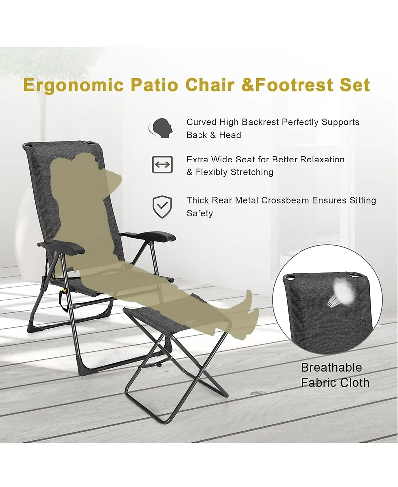 4PCS Patio Folding Dining Chair Ottoman Set Adjustable Back Camp