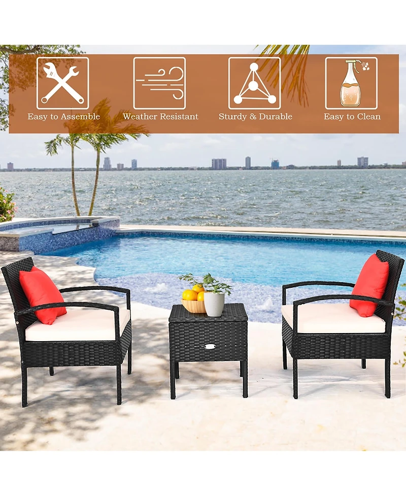 3PC Outdoor Patio Rattan Furniture Set Storage Coffee Table Cushioned Sofa