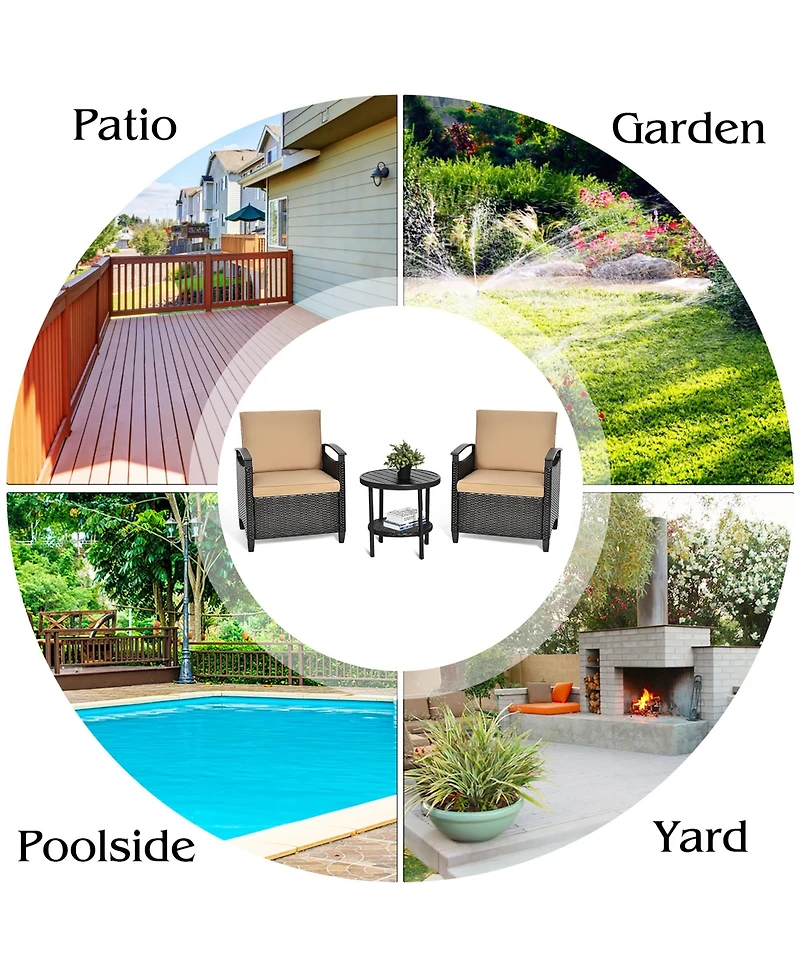 3PCS Patio Rattan Furniture Set Cushioned Sofa Storage Table W/ Shelf Garden