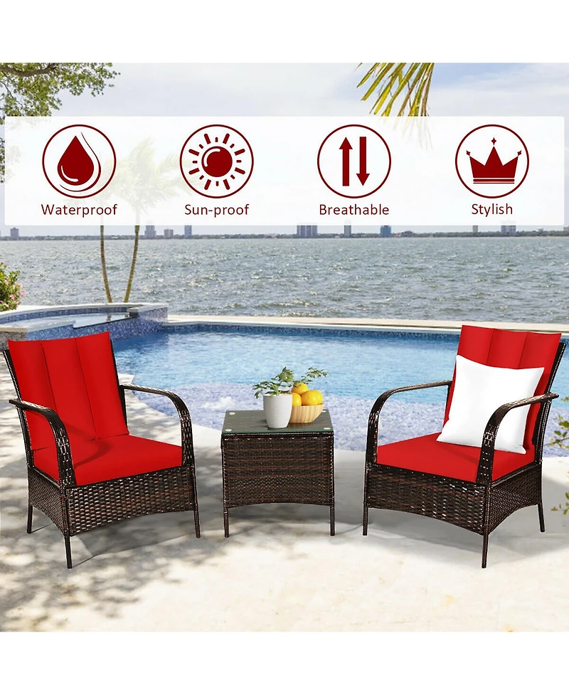 Costway 3 Pcs Patio Rattan Furniture Set Coffee Table & 2 Rattan Chair