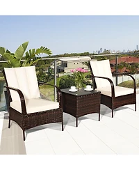 Gymax 3PCS Patio Outdoor Rattan Conversation Set Furniture Set w/ Table Cushions