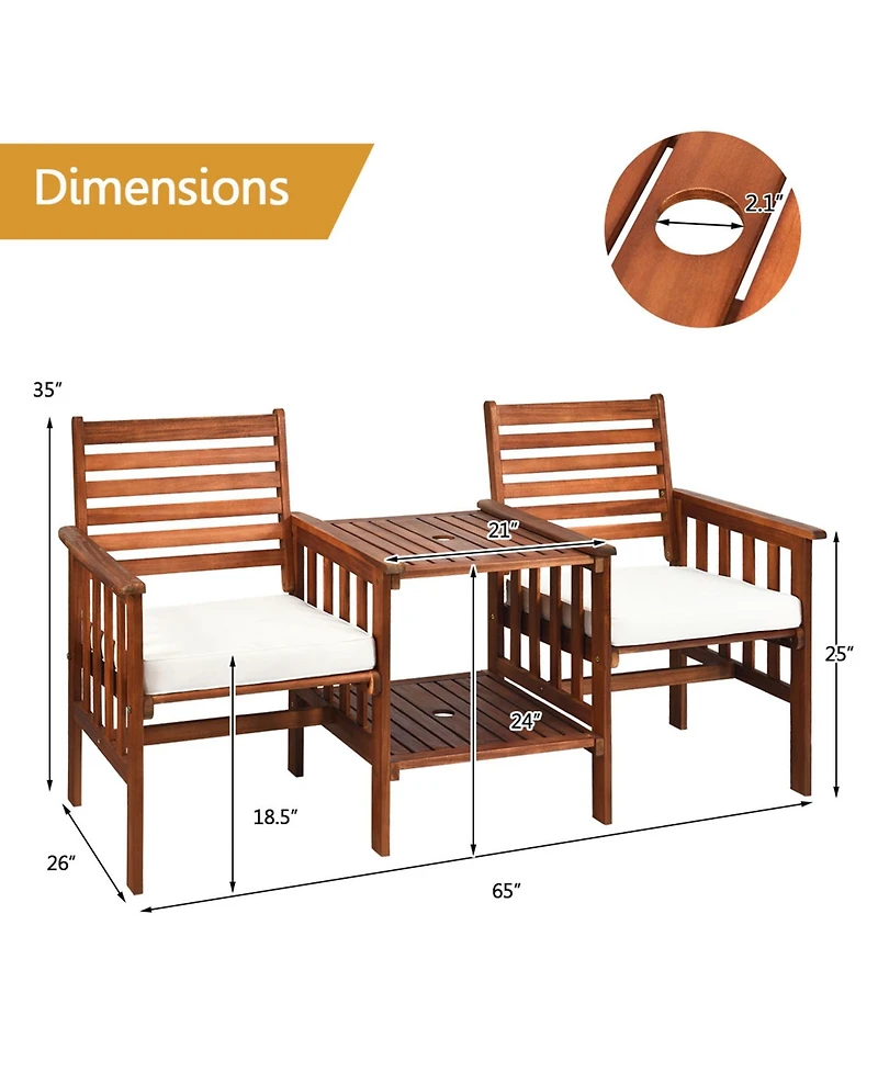 Gymax Acacia Wood Loveseat Patio Outdoor Conversation Set w/ Table Cushion