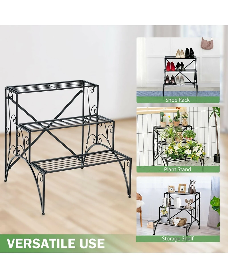 3-Tier Metal Plant Stand with Widened Grid Shelf for Porch Garden