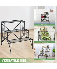 3-Tier Metal Plant Stand with Widened Grid Shelf for Porch Garden