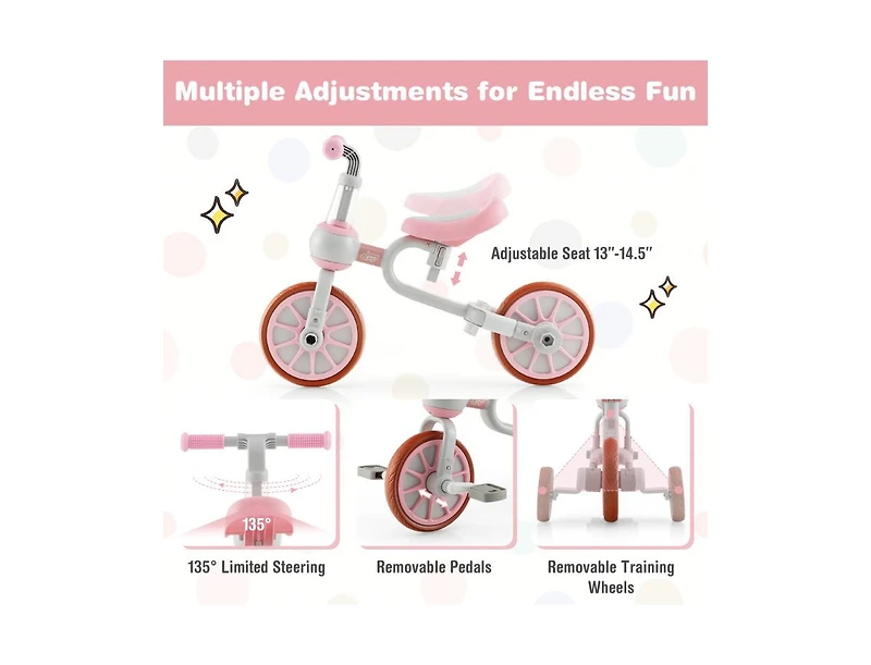 Kids Trike Bike 4-in-1 with Push Handle and Height-Adjustable Seat for Growing Kids