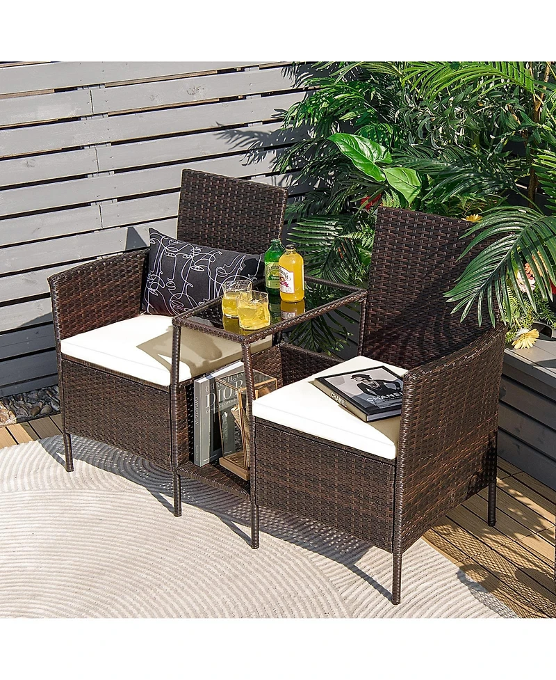 Sugift Rattan Patio Conversation Set Cushioned with Glass Table