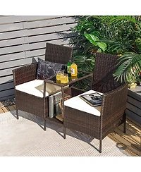 Sugift Rattan Patio Conversation Set Cushioned with Glass Table
