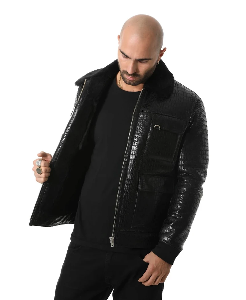 Furniq Uk Men's Black Leather Bomber Jacket, Crocodile Emboss