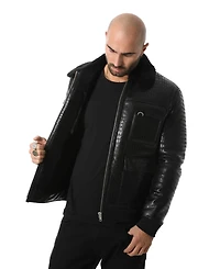 Furniq Uk Men's Black Leather Bomber Jacket, Crocodile Emboss
