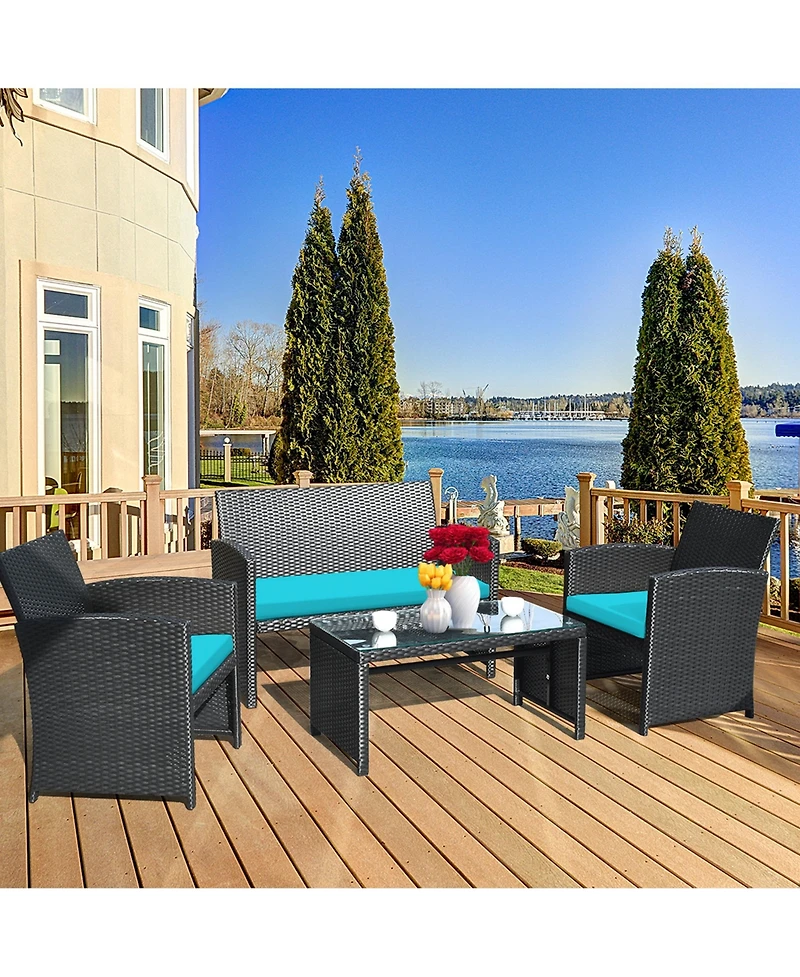 Gymax 8PCS Rattan Outdoor Conversation Set Patio Furniture Set w/ Turquoise Cushions