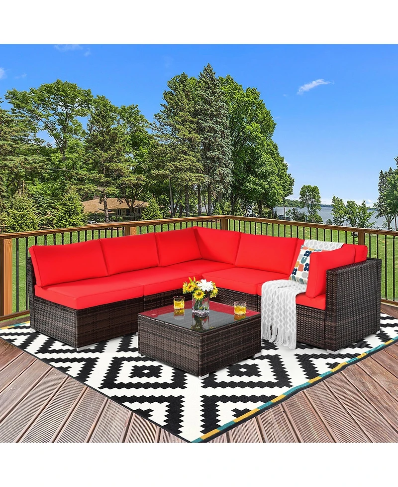 Gymax 6PCS Rattan Outdoor Sectional Sofa Set Patio Furniture Set w/ Red Cushions