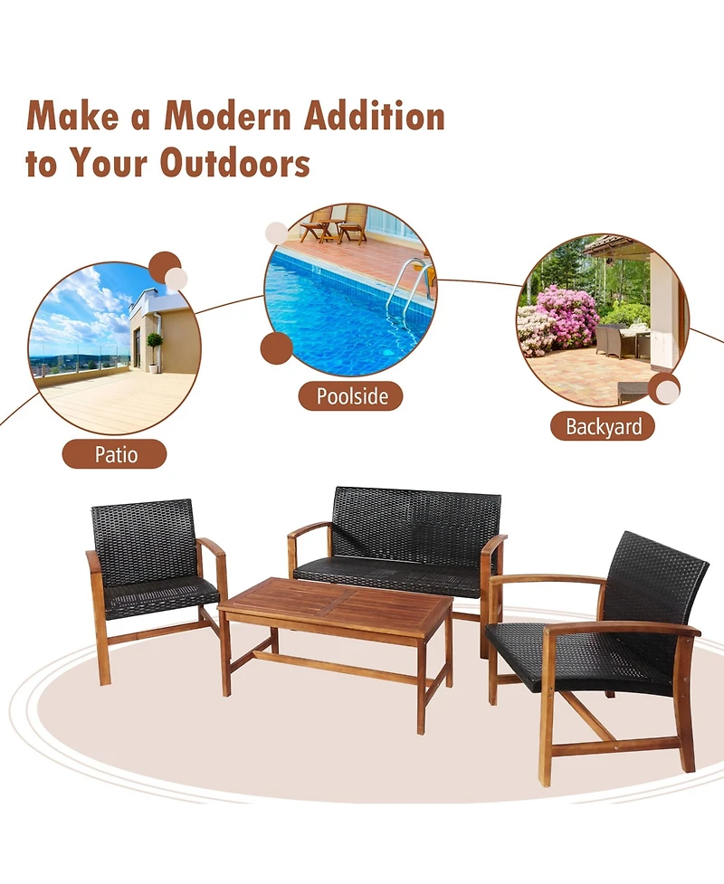 Gymax 8PCS Patio Conversation Set Outdoor Furniture Set w/ Acacia Wood Frame