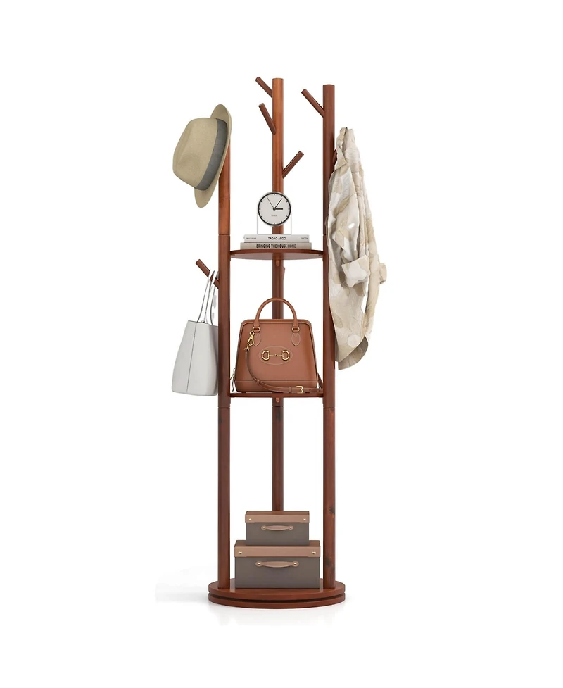 Freestanding Wooden Coat Tree 360° Rotary Coat Rack with 3 Display Storage Shelves