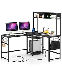 Costway L-shaped Desk with Power Outlet Large Corner Converts to 2-Person Long Rustic