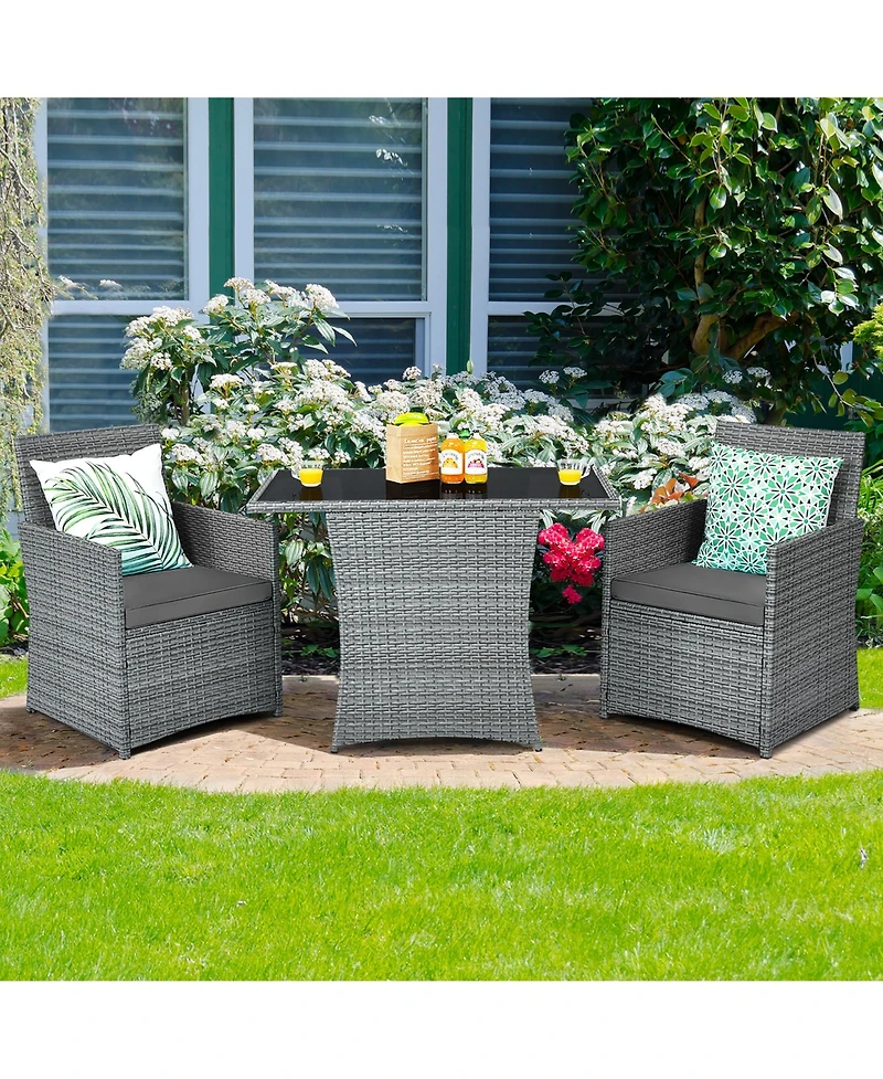 3PCS Patio Rattan Furniture Set Cushioned Sofa Armrest Garden