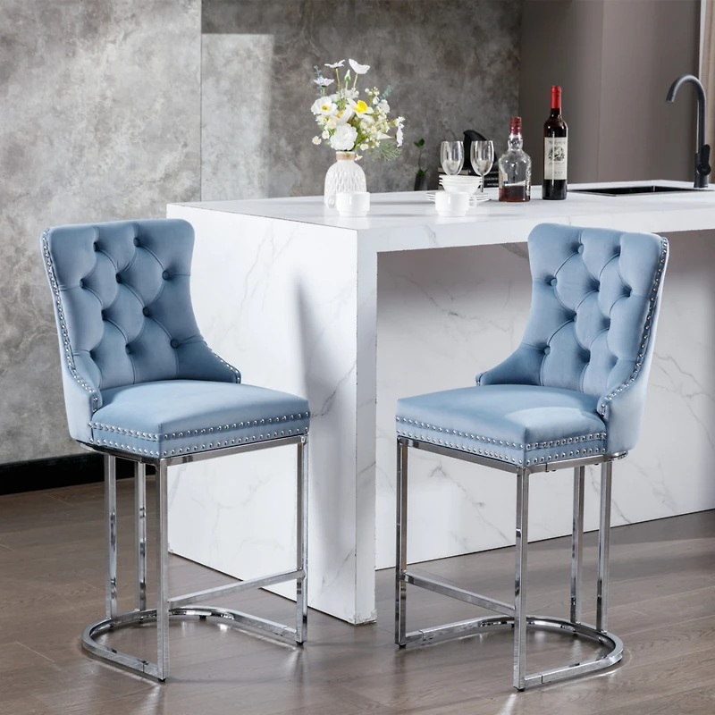 Streamdale Furniture Velvet Bar Stools Set of 2 with Chromed Metal Base Legs
