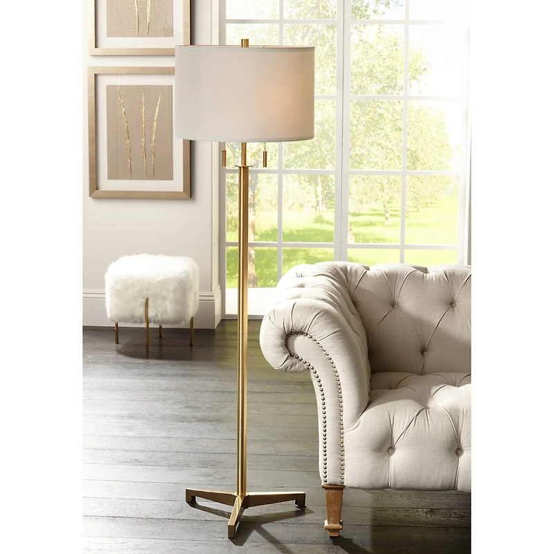Possini Euro Design Encino Modern Tripod Floor Lamp Standing 60" Tall Brass Gold Metal Off White Fabric Drum Shade for Living Room Bedroom Office