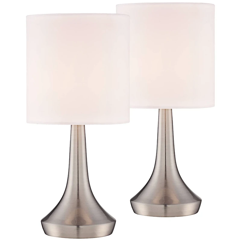 360 Lighting Zofia Modern Accent Table Lamps 13" High Set of 2 Brushed Nickel Silver Tapered Metal Touch On Off White Fabric Drum Shade for Bedro
