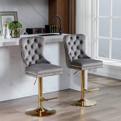 Streamdale Gray Velvet Swivel Bar Stools, Set of 2