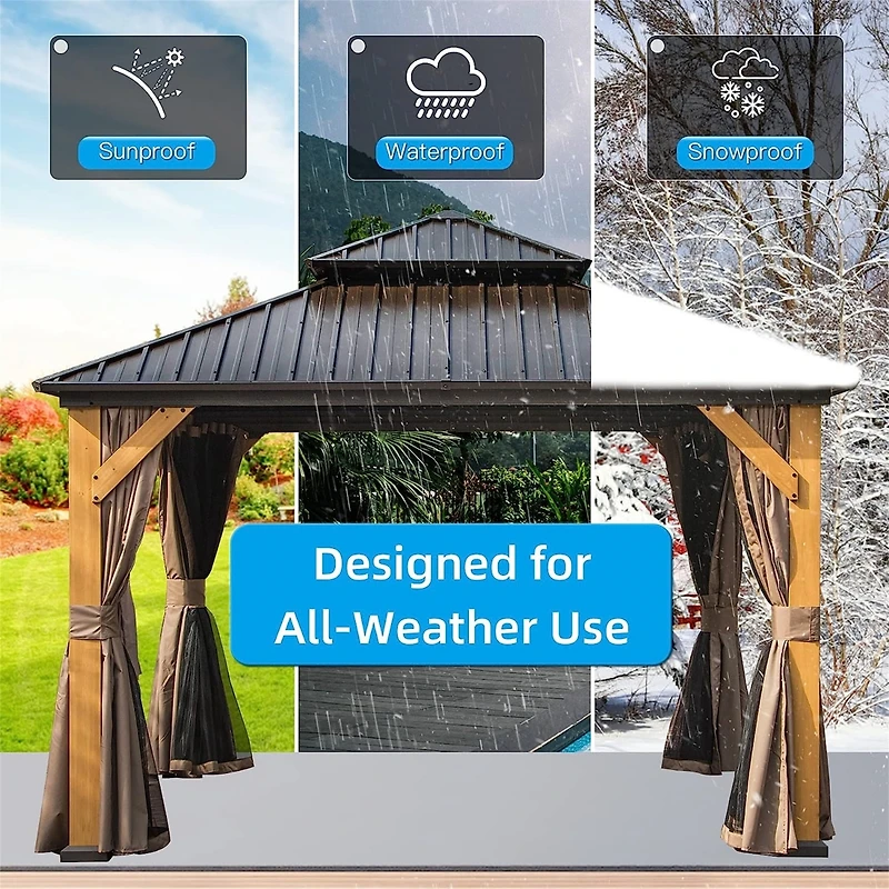 Streamdale Furniture 12'X12' Hardtop Gazebo with Cedar Wood Frame and Curtains