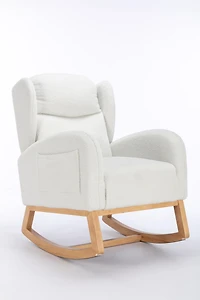 Streamdale Teddy Fabric Rocking Chair With Packet Wood Legs, Ivory