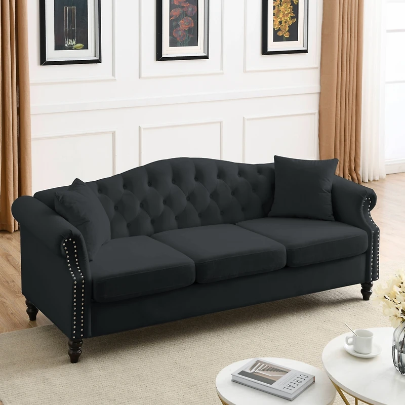 Black Velvet Chesterfield Sofa 3 Seater with Tufted Couch
