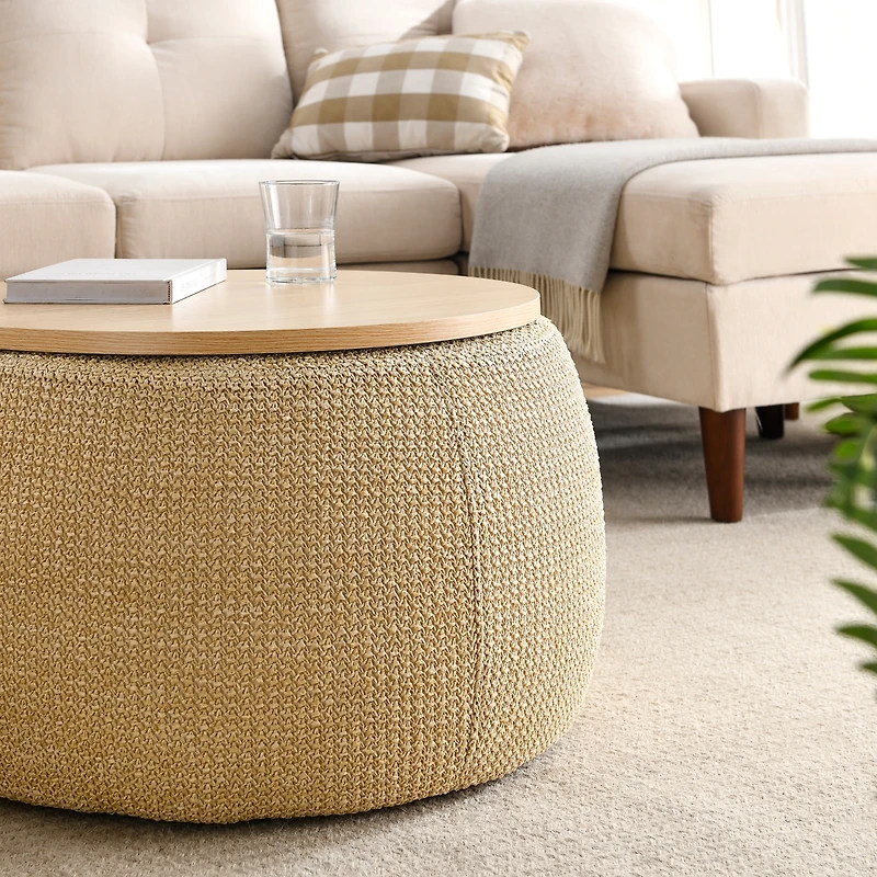 Round Storage Ottoman, 2 In 1 Function, Work As End Table And Ottoman, Natural (25.5"X25.5"X14.5")