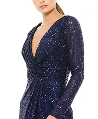 Mac Duggal Women's Floor-Length Sequin Gown Featuring Long Sleeves and Sheer Accents