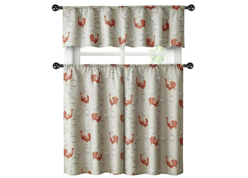 Kate Aurora Country Farmhouse Red Rooster Barn 3 Pc. Kitchen Curtain Tier & Valance Set