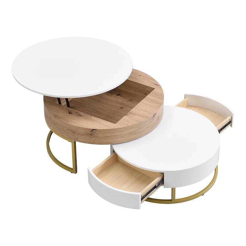 Streamdale Modern Round Lifttop Nesting Coffee Tables With 2 Drawersnatural