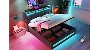 Streamdale Grey Upholstered Platform Bed with Storage and Led