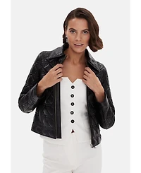 Furniq Uk Women's Genuine Leather Quilted Bomber Jacket, Black