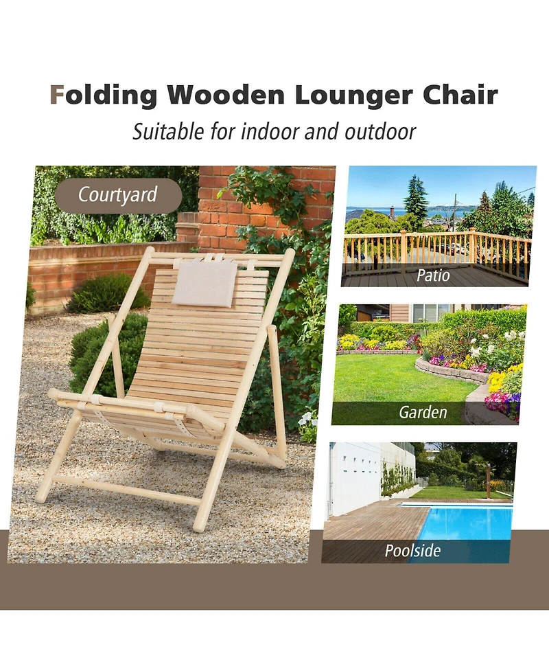 Slickblue Solid Fir Wood Lounge Chair with 3-Level Adjustable Backrest and Soft Padded Headrest-Natural