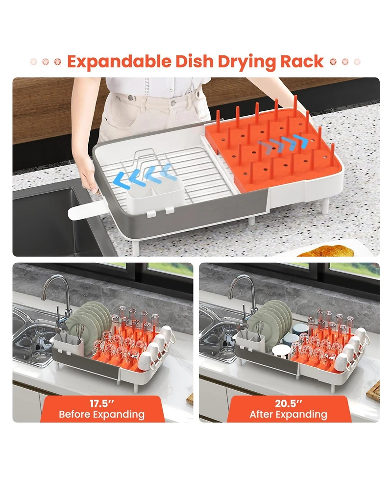 Slickblue Expandable Dish Drying Rack Adjustable Dual-Part Dish Drainer with Detachable Utensil Holder