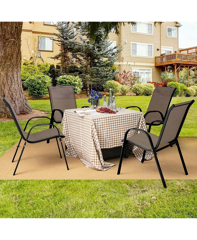 Gymax 4PCS Patio Stacking Dining Chairs w/ Curved Armrests & Breathable Seat Fabric Brown