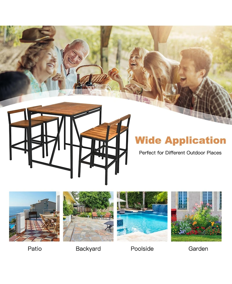 Gymax 5PCS Patio Bar Table Set Pe Rattan High-Dining Bistro Set w/ Acacia Wood Top