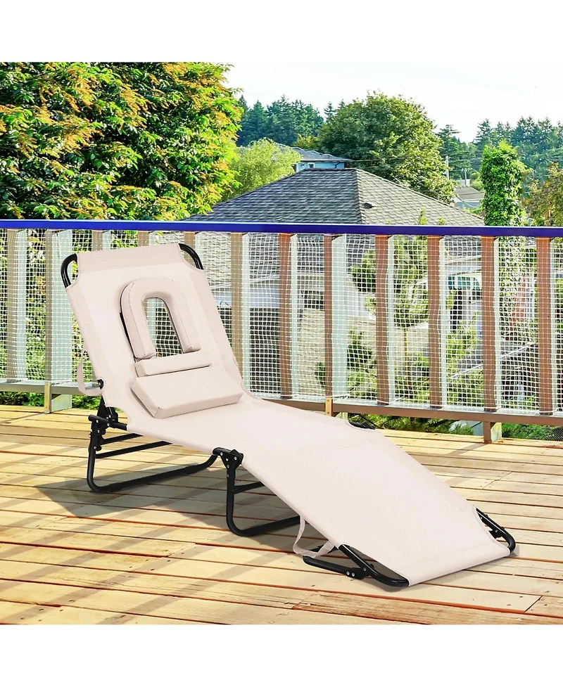 Slickblue Outdoor Folding Chaise Beach Pool Patio Lounge Chair Bed with Adjustable Back and Hole