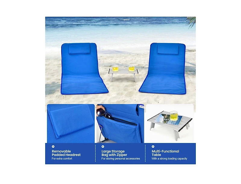 Slickblue 3 Pieces Beach Lounge Chair Mat Set 2 Adjustable Chairs with Table