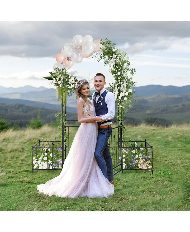 Slickblue 87 Inches Garden Arbor with Lockable Gate Side Planters-Black