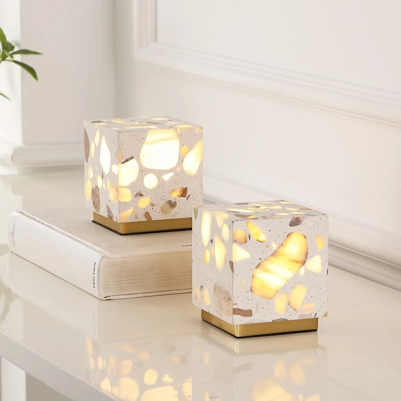 Jonathan Y Lara 4.63" Modern Glam Terrazzo Rechargeable/Cordless Dimmable Integrated Led Mini Table Lamp with Touch Sensor, Ivory/Brass Gold (Set of 2